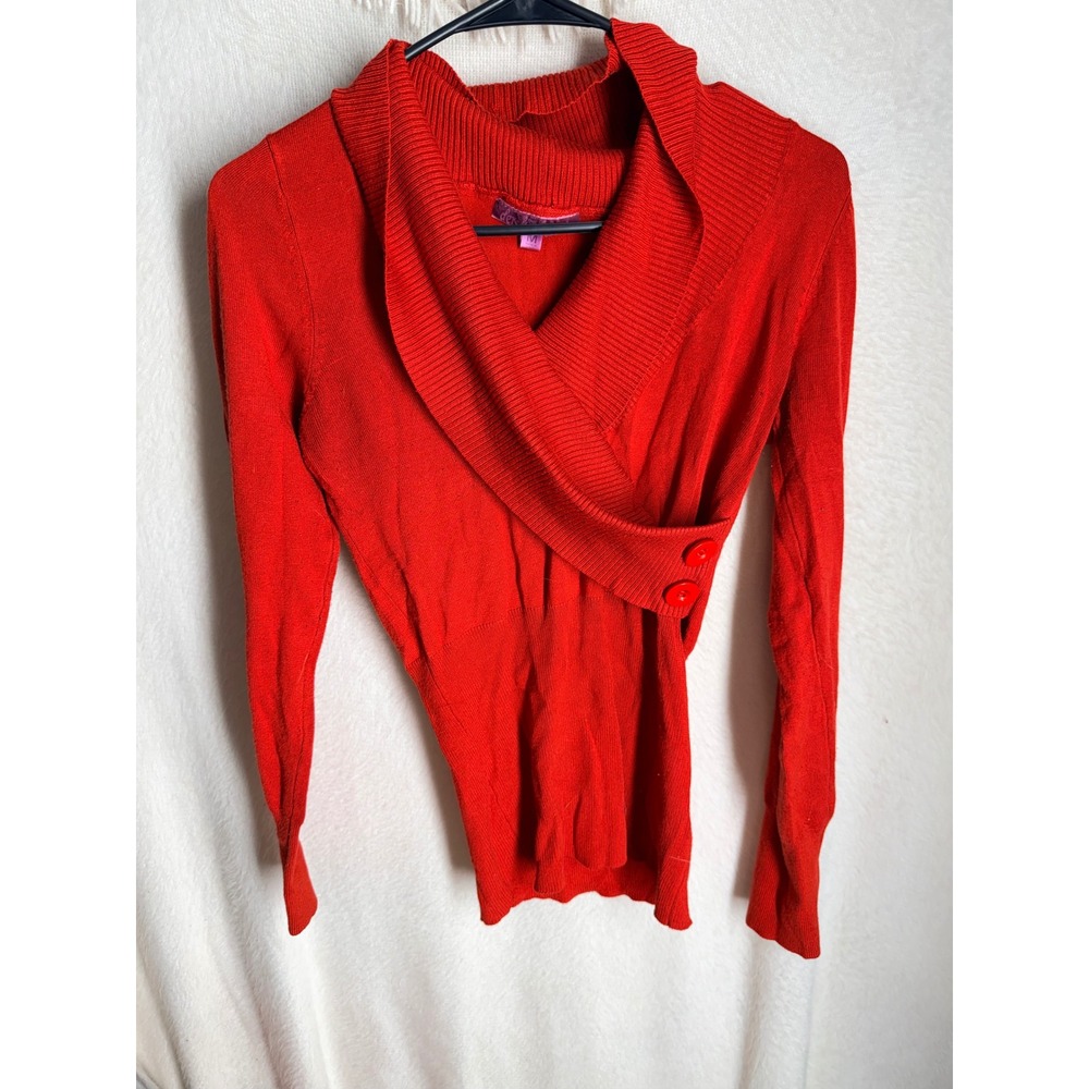 Derek Heart Womens Red Shawl Collar Wrap Button Front Long Sleeve Sweater Size M